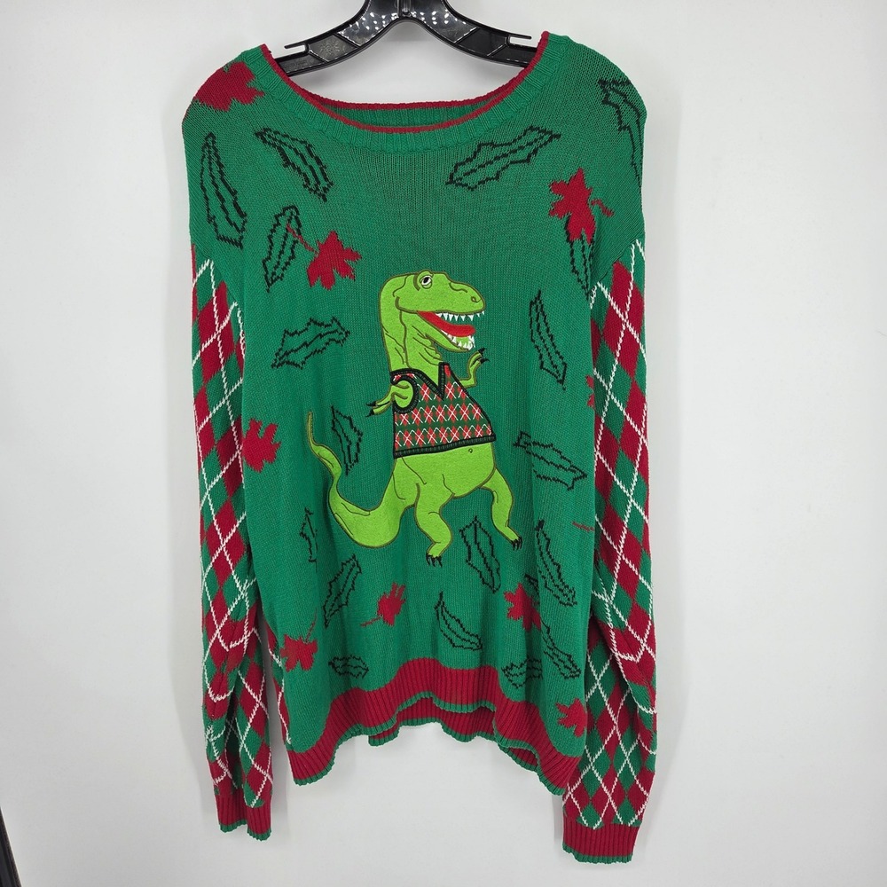 33Degrees Ugly Christmas Sweater Green T Rex Dinosaur Argyle XL Holiday
